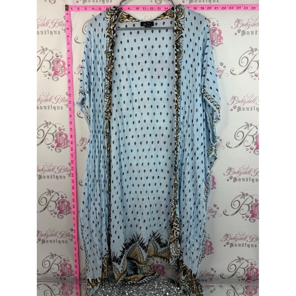 Nicole Miller cardigan Light Blue Printed Open Front Cardigan with Brown Trim